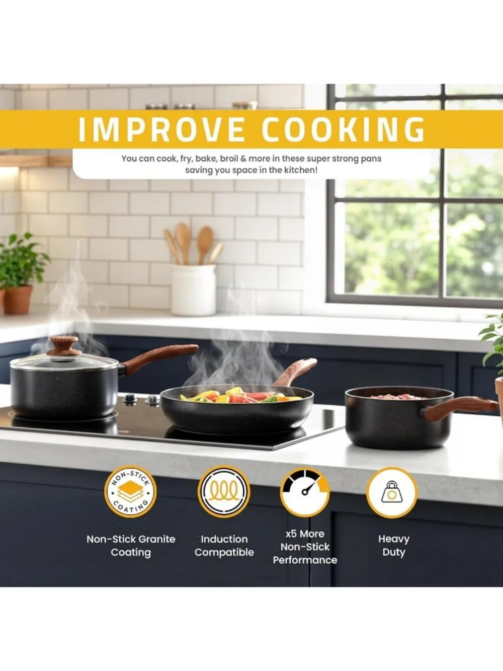 8-Piece Non-Stick Granite Cookware Set - Induction Frying Pans & Saucepans